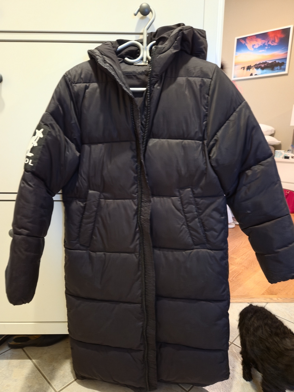 Kangol Long Black Puffer Coat with Hood